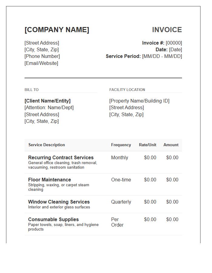 Comprehensive Janitorial Service Agreement Invoice Template