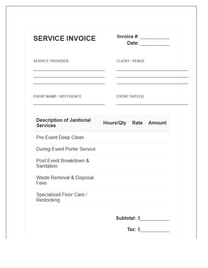 Event Venue Janitorial Agreement Invoice Template
