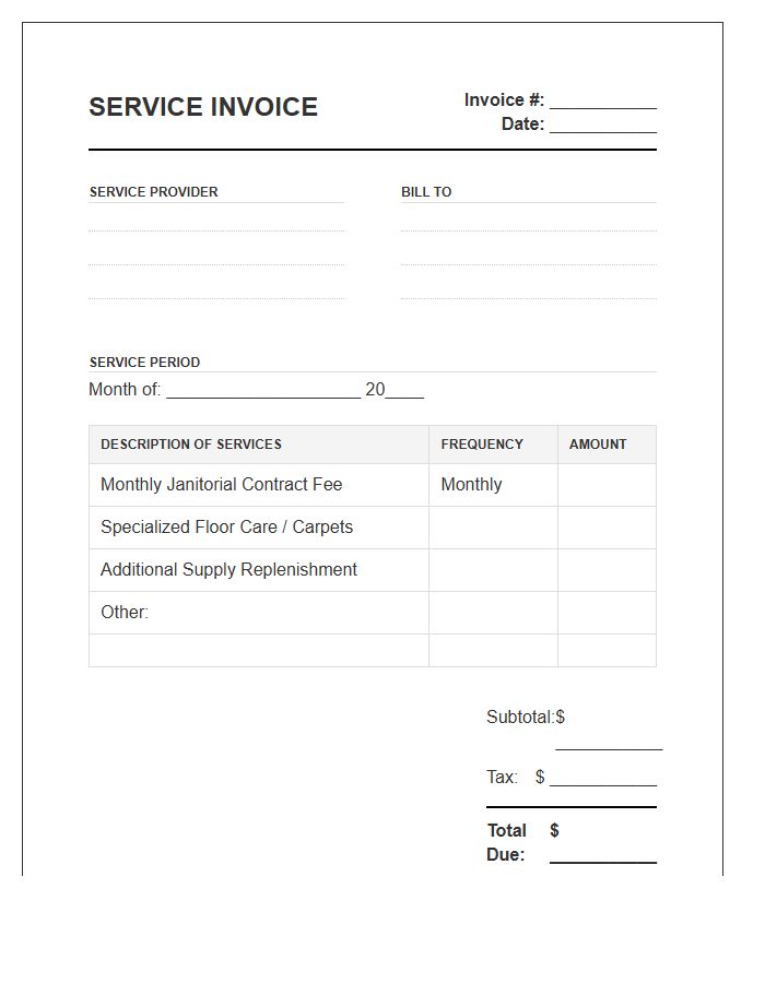 Monthly Janitorial Service Agreement Invoice Template