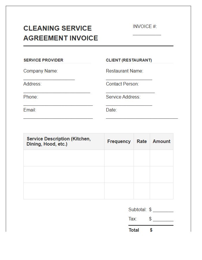 Restaurant Cleaning Service Agreement Invoice Template