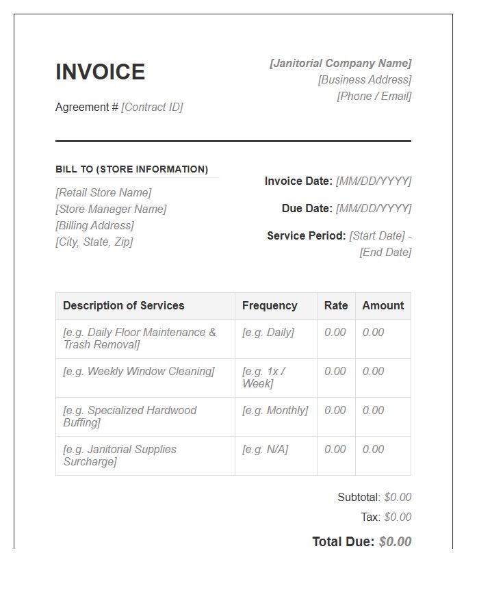 Retail Store Janitorial Agreement Invoice Template