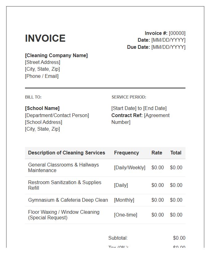 School Cleaning Service Agreement Invoice Template