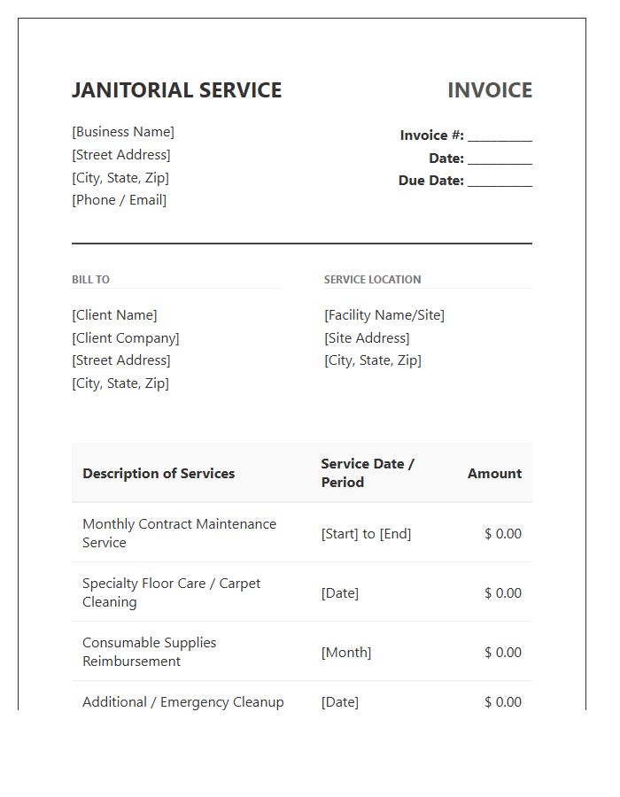 Simplified Janitorial Service Agreement Invoice Template