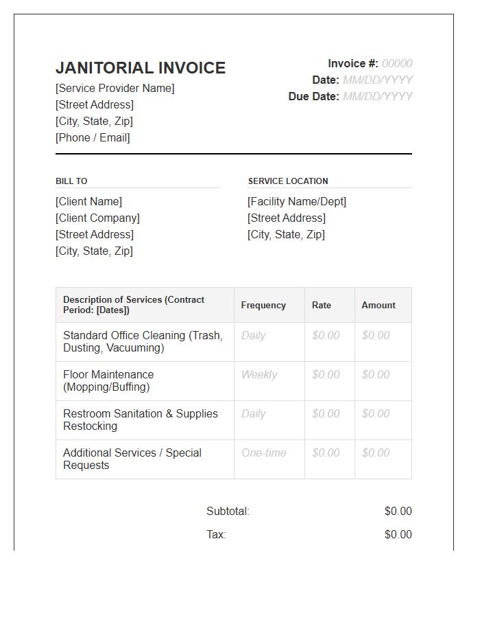 Standard Janitorial Service Contract Invoice Template