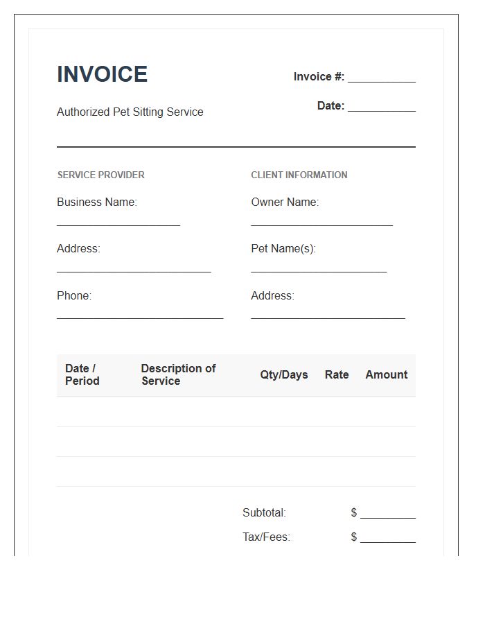 Authorized Pet Sitting Service Invoice Template