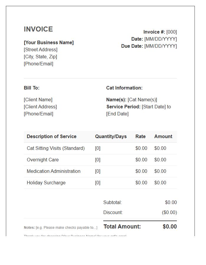 Cat Sitting Service Billing Invoice Template