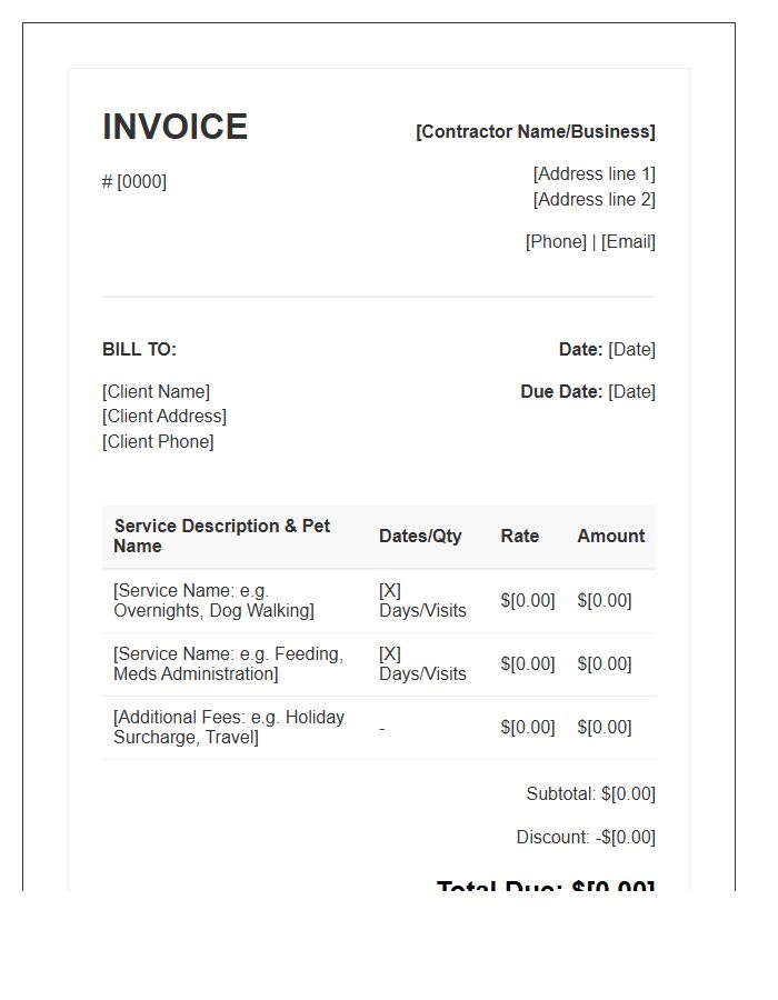 Contractor Pet Sitting Service Invoice Template