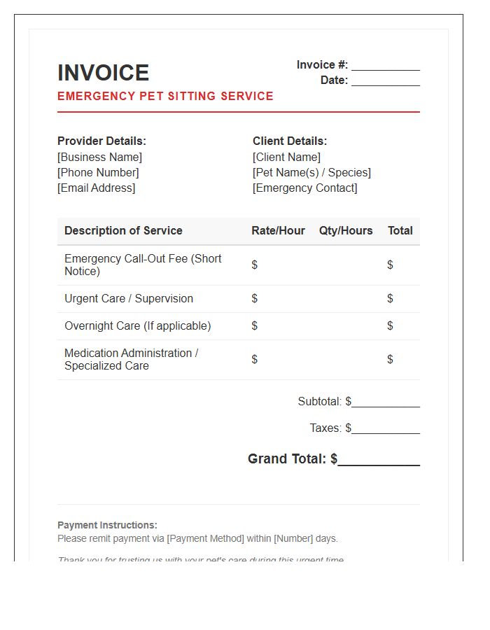Emergency Pet Sitting Service Invoice Template