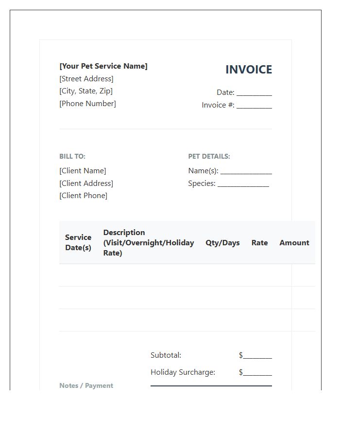 Holiday Pet Sitting Service Invoice Template