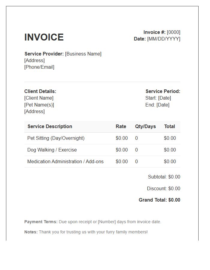 In Home Pet Sitting Service Invoice Template