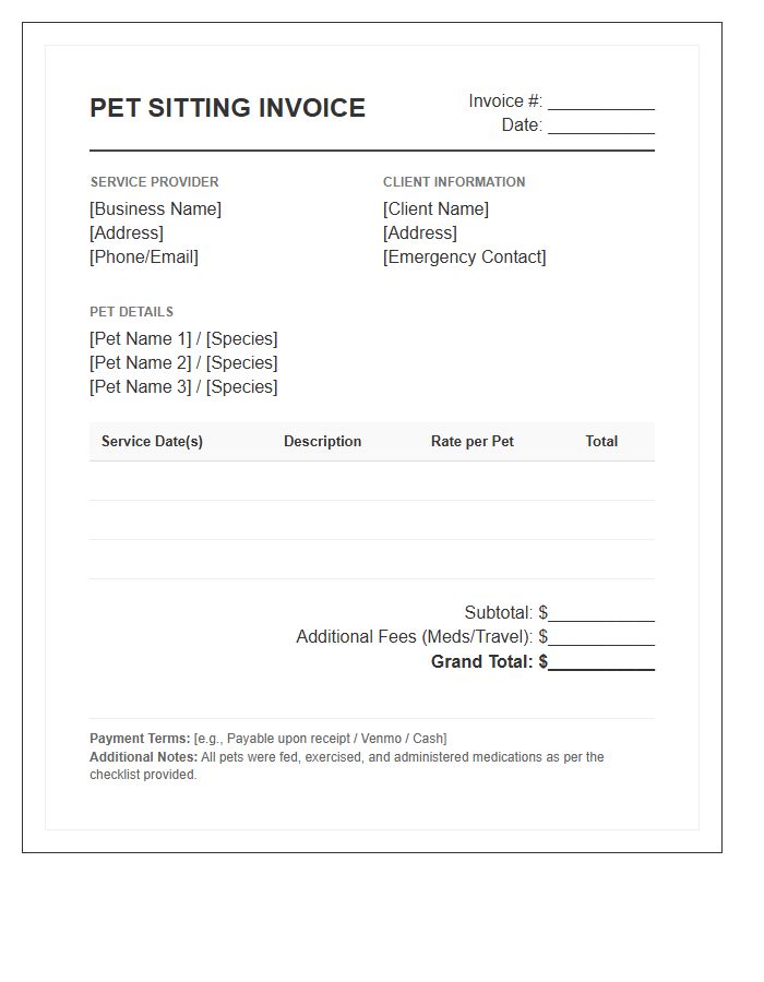 Multi Pet Household Sitting Invoice Template