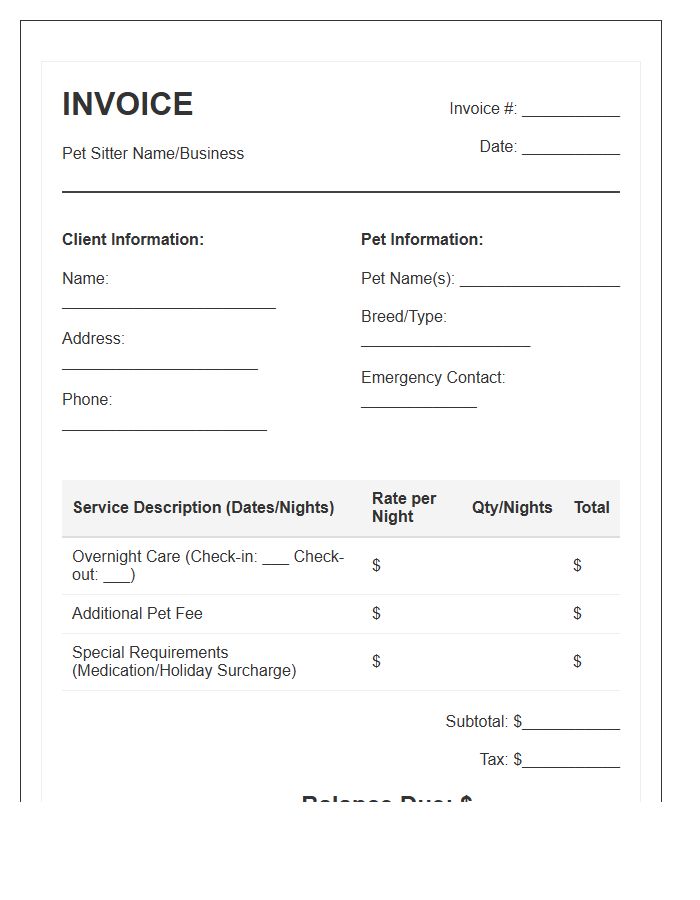 Overnight Pet Care Service Invoice Template
