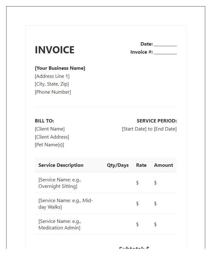 Professional Pet Sitting Service Invoice Template