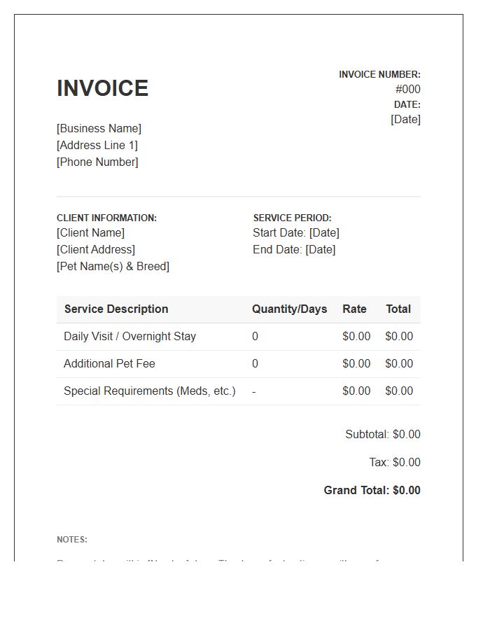 Residential Pet Sitting Service Invoice Template