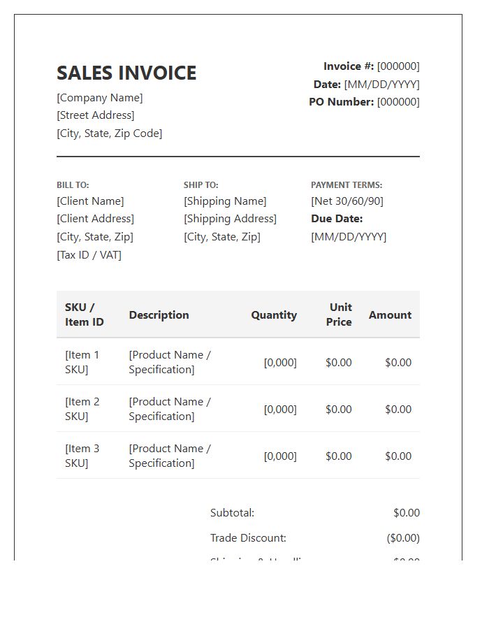 Large Scale Product Sales Invoice Template