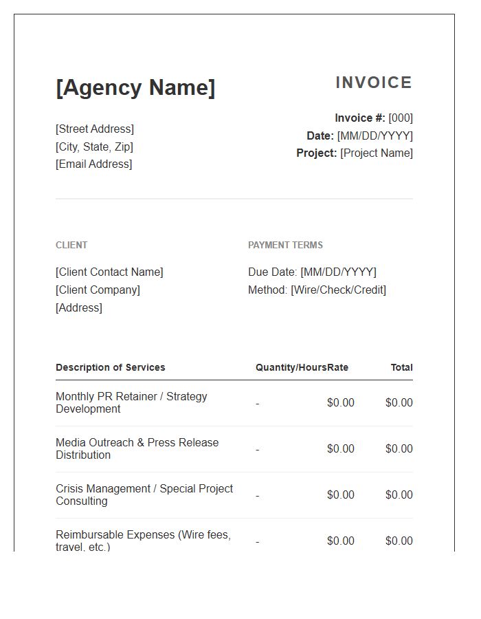Public Relations Project Fee Invoice Template