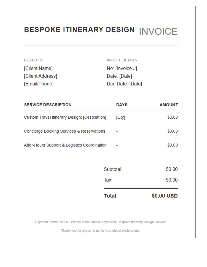 Bespoke Itinerary Design Service Invoice Template