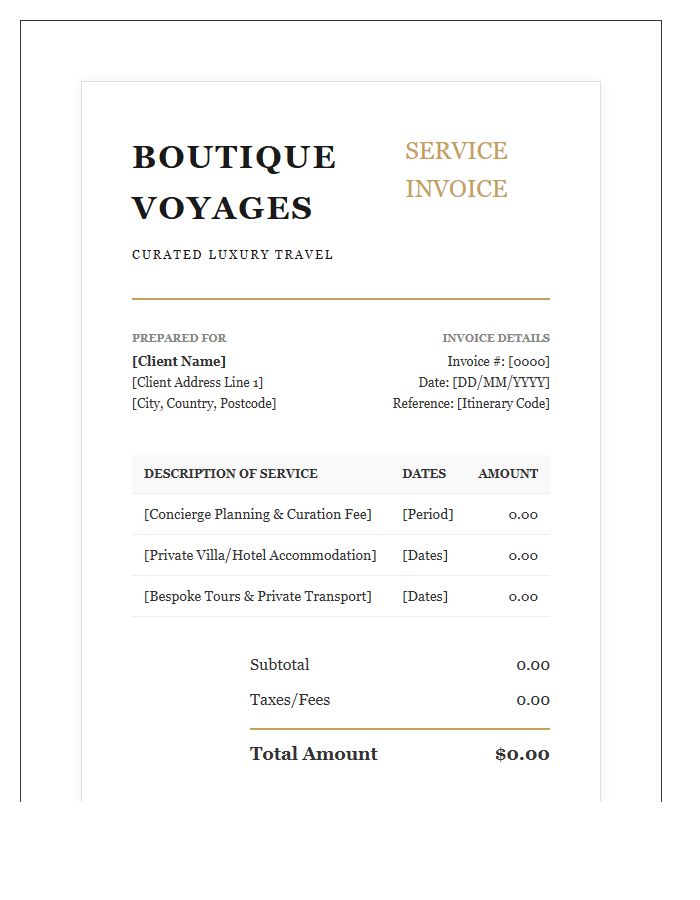Exclusive Boutique Travel Agency Service Invoice Template
