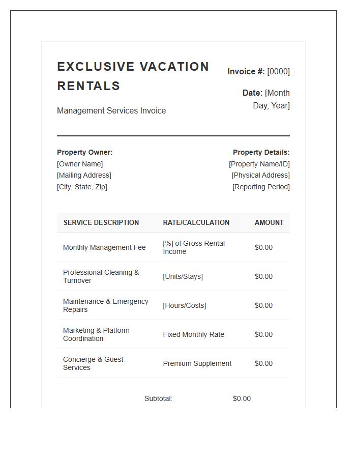Exclusive Vacation Rental Management Service Invoice Template