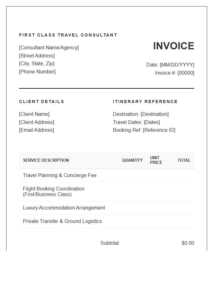 First Class Travel Consultant Service Invoice Template