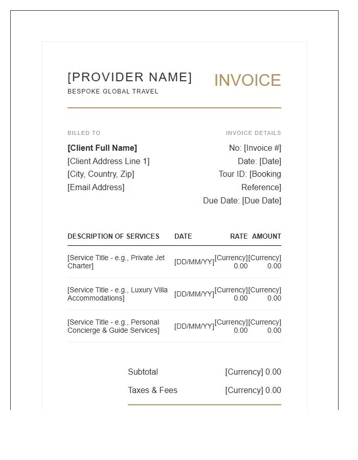 Global Luxury Tour Provider Service Invoice Template