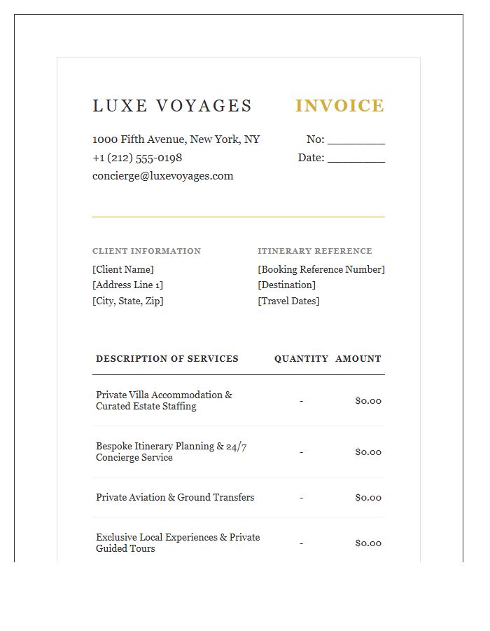 High End Luxury Travel Agency Service Invoice Template