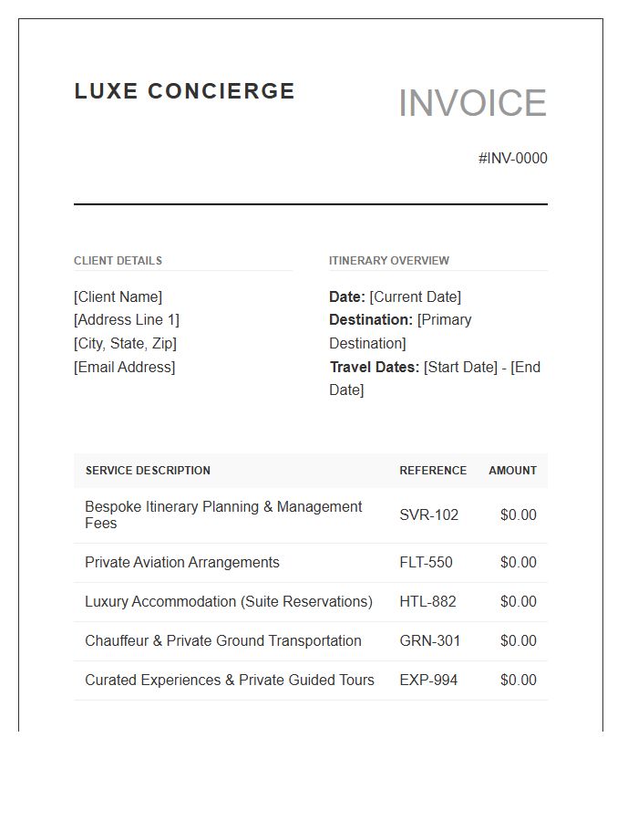 High Value Concierge Travel Service Invoice Template
