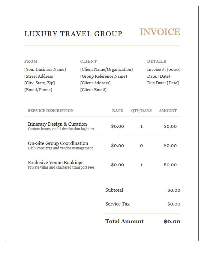 Luxury Group Travel Coordinator Service Invoice Template