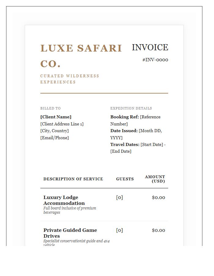 Luxury Safari Tour Operator Service Invoice Template