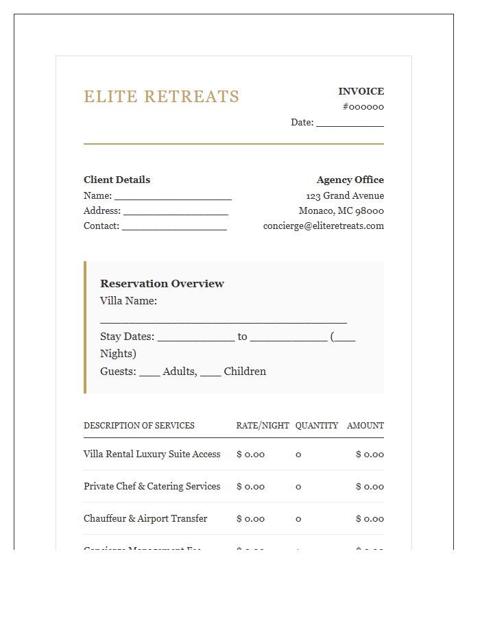 Luxury Villa Rental Agency Service Invoice Template