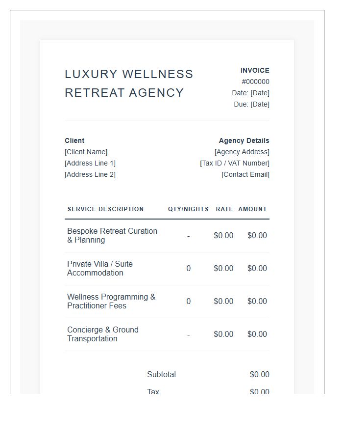 Luxury Wellness Retreat Agency Service Invoice Template