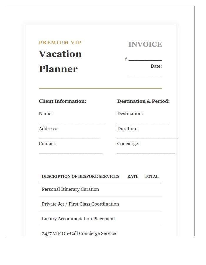 Premium VIP Vacation Planner Service Invoice Template