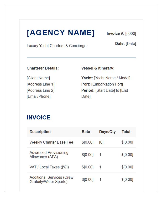 Premium Yacht Charter Agency Service Invoice Template