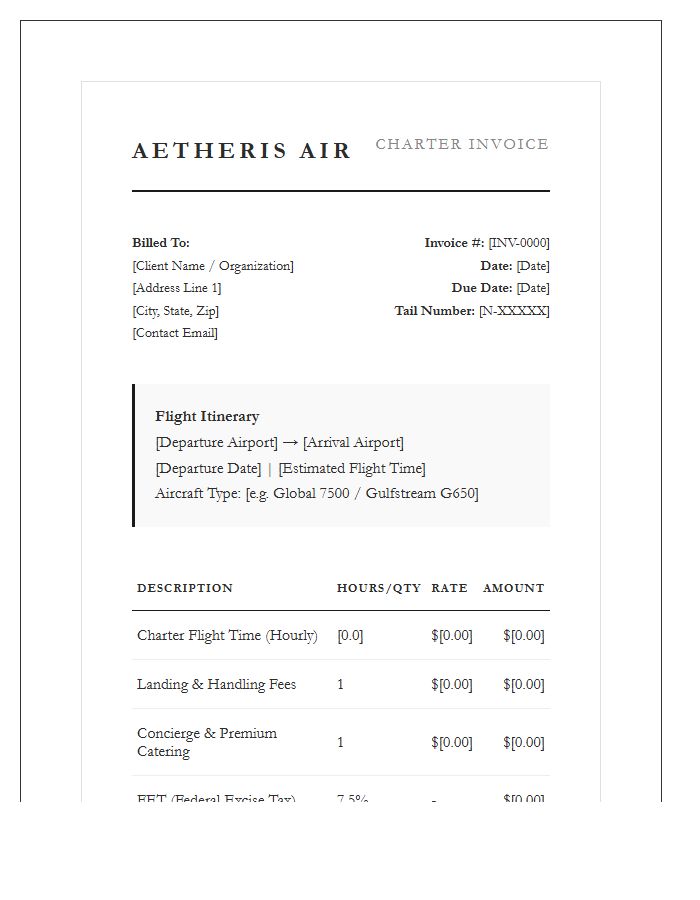 Sophisticated Private Jet Charter Service Invoice Template