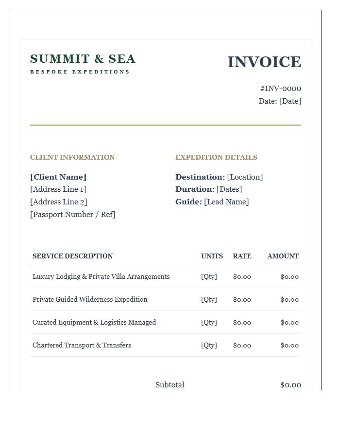 Upscale Adventure Travel Agency Service Invoice Template