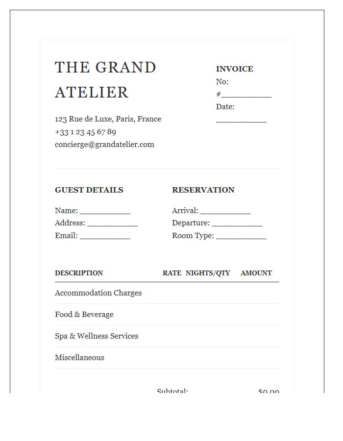 Boutique Hotel Accommodation Invoice Template