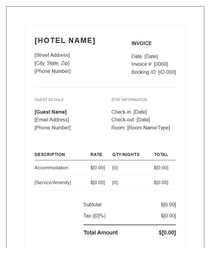 Boutique Hotel Client Booking Invoice Template