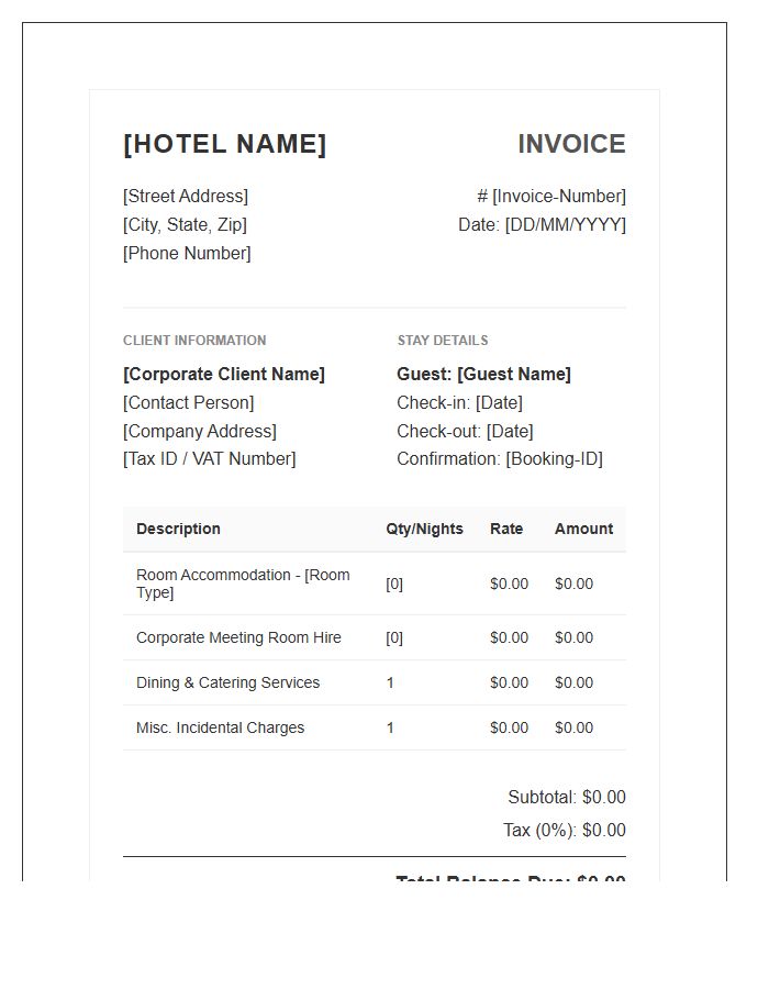 Boutique Hotel Corporate Booking Invoice Template