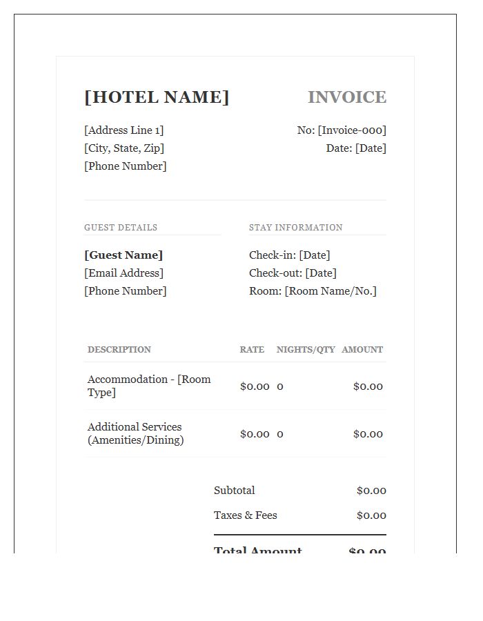 Boutique Hotel Guest Booking Invoice Template