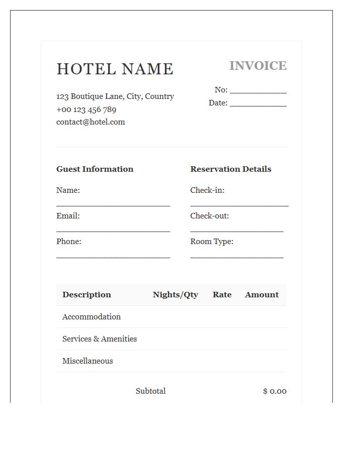 Boutique Hotel Reservation Invoice Template