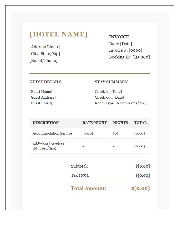 Boutique Hotel Room Booking Invoice Template