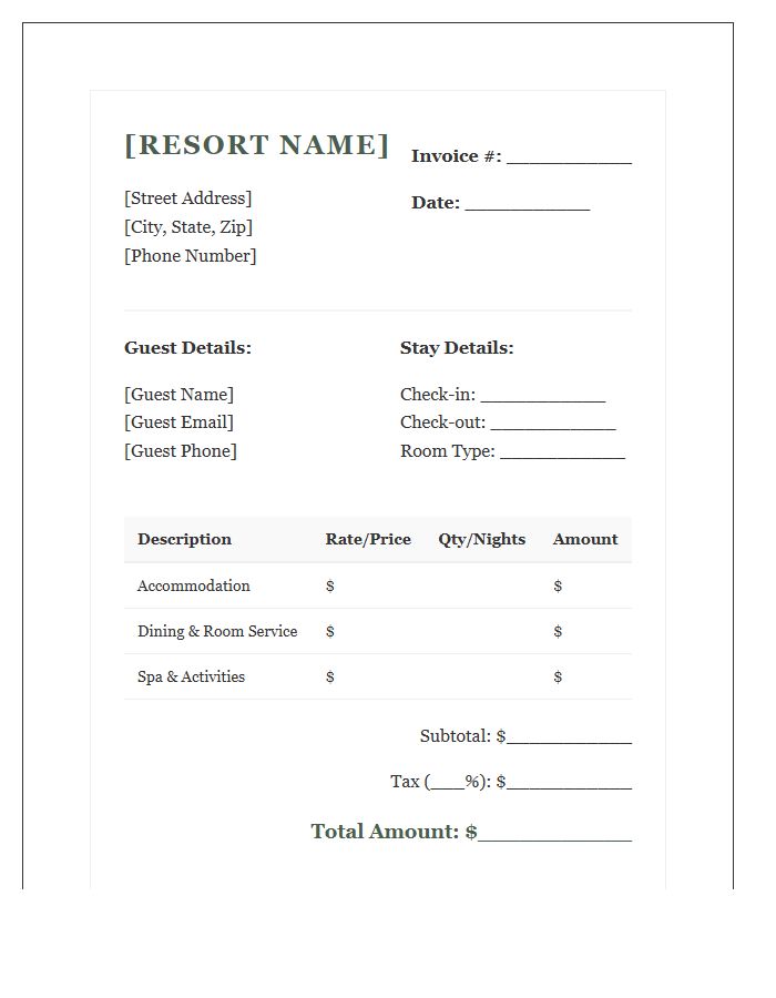 Boutique Resort Booking Invoice Template