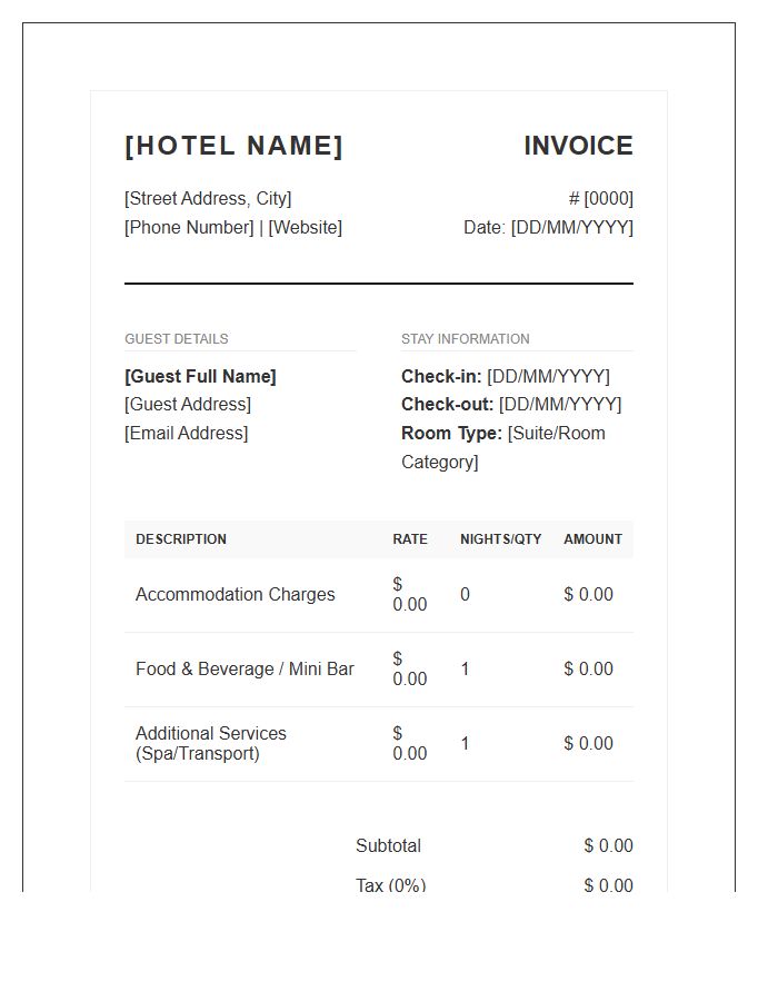 Designer Boutique Hotel Booking Invoice Template