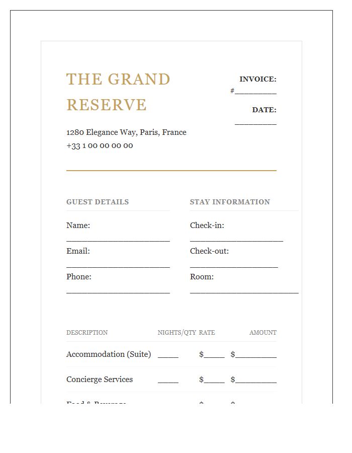 Luxury Boutique Hotel Booking Invoice Template