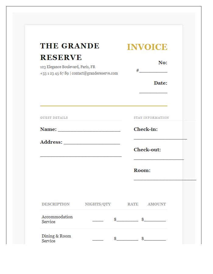 Professional Boutique Hotel Booking Invoice Template