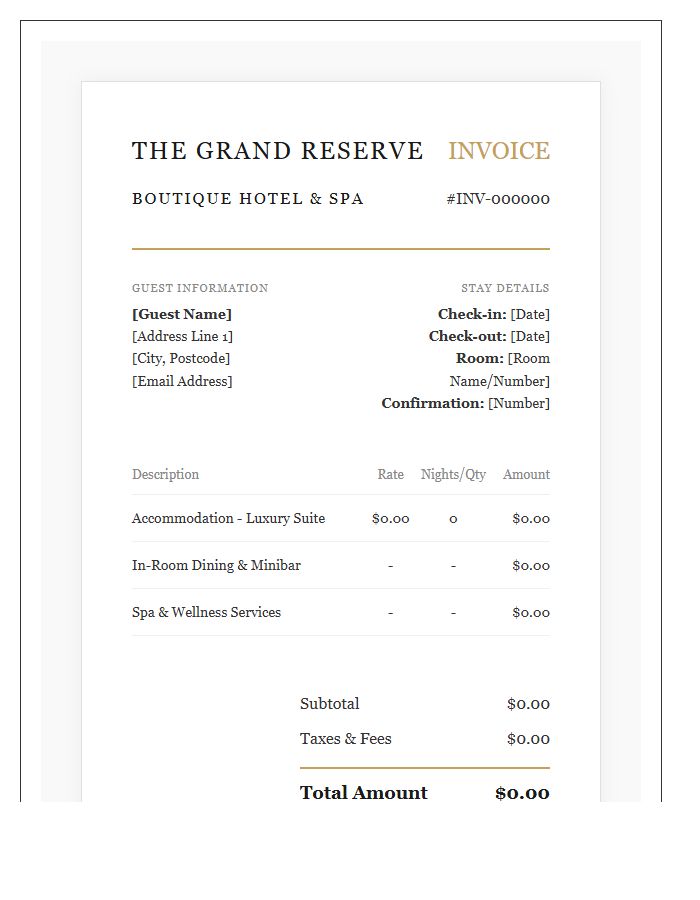 Upscale Boutique Hotel Booking Invoice Template