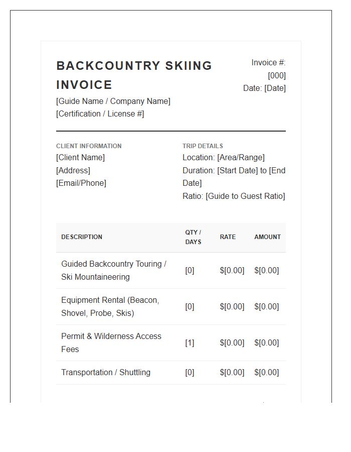 Backcountry Skiing Invoice Template