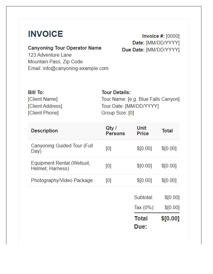 Canyoning Tour Operator Invoice Template
