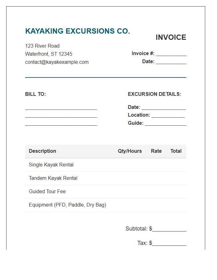Kayaking Excursion Invoice Template