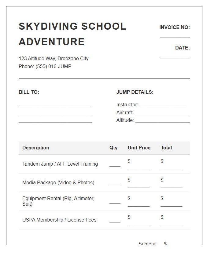 Skydiving School Adventure Invoice Template